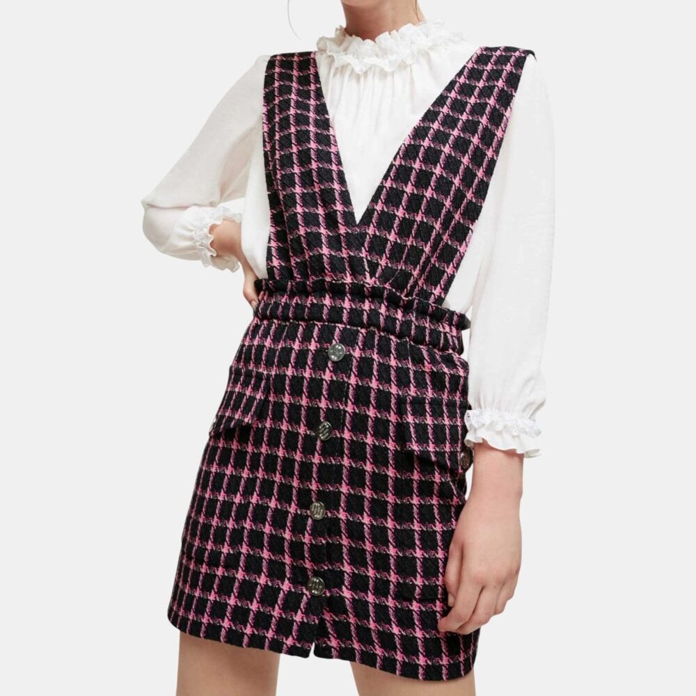 NWT MAJE WOMEN'S CHECK TWEED MINI DRESS FUCHSIA SIZE US 8 FR 40 - Picture 7 of 13